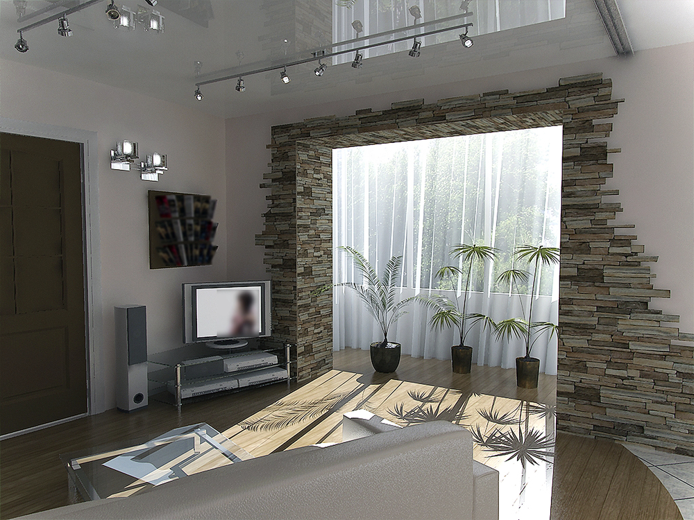 Natursteinboden und geflieste Wand